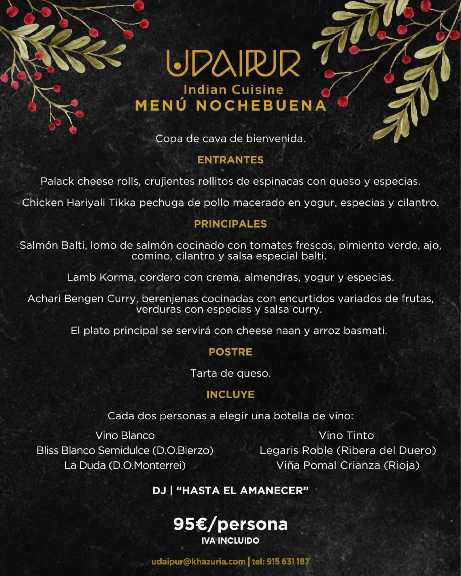 Cena de Nochebuena Madrid 2023 | Udaipur Indian Cuisine